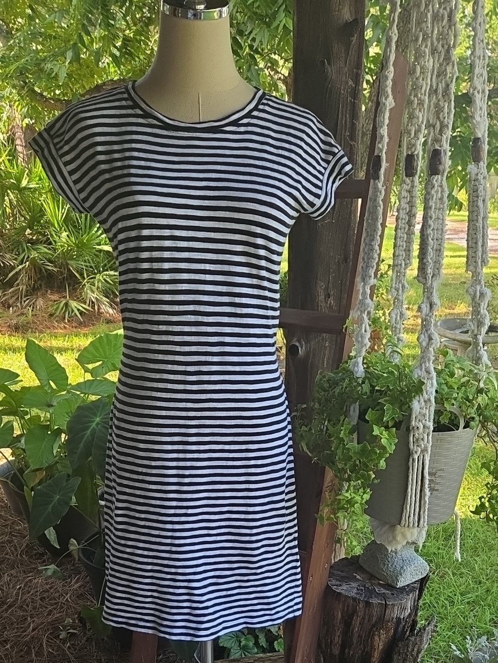 J.Crew Factory Black And White Stripe Belted 100% Cotton Dress Size XXS